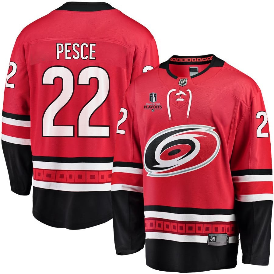 Brett Pesce 22 Carolina Hurricanes Stanley Cup 2023 Playoffs Patch Home Breakaway Red NHL Jersey Men's