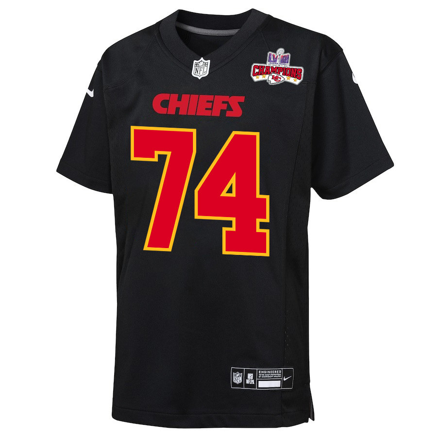 Jawaan Taylor 74 Kansas City Chiefs Super Bowl LVIII Champions 4 Stars Patch Fashion Game Carbon Black NFL Jersey Youth