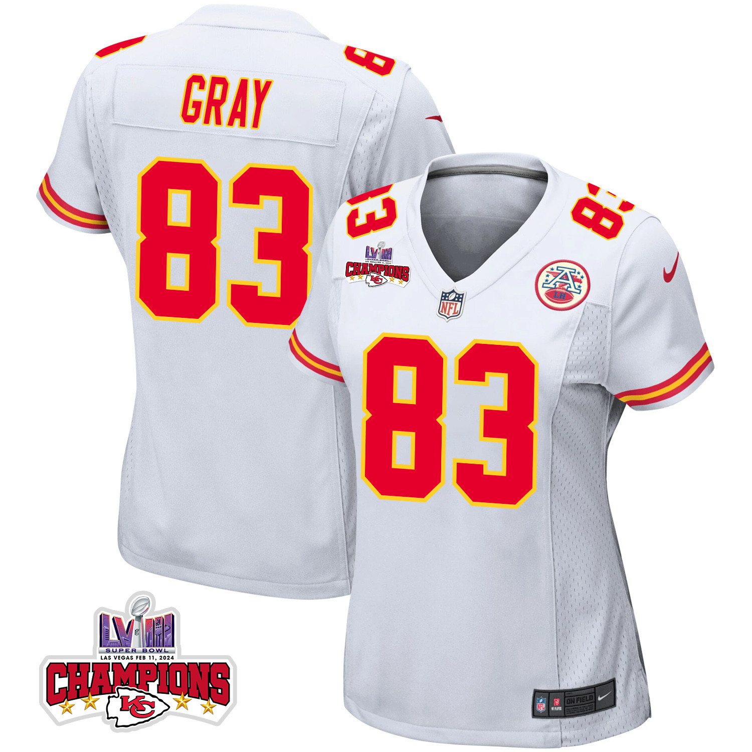 Noah Gray 83 Kansas City Chiefs Super Bowl LVIII Champions 4 Stars Patch Game White NFL Jersey Women's