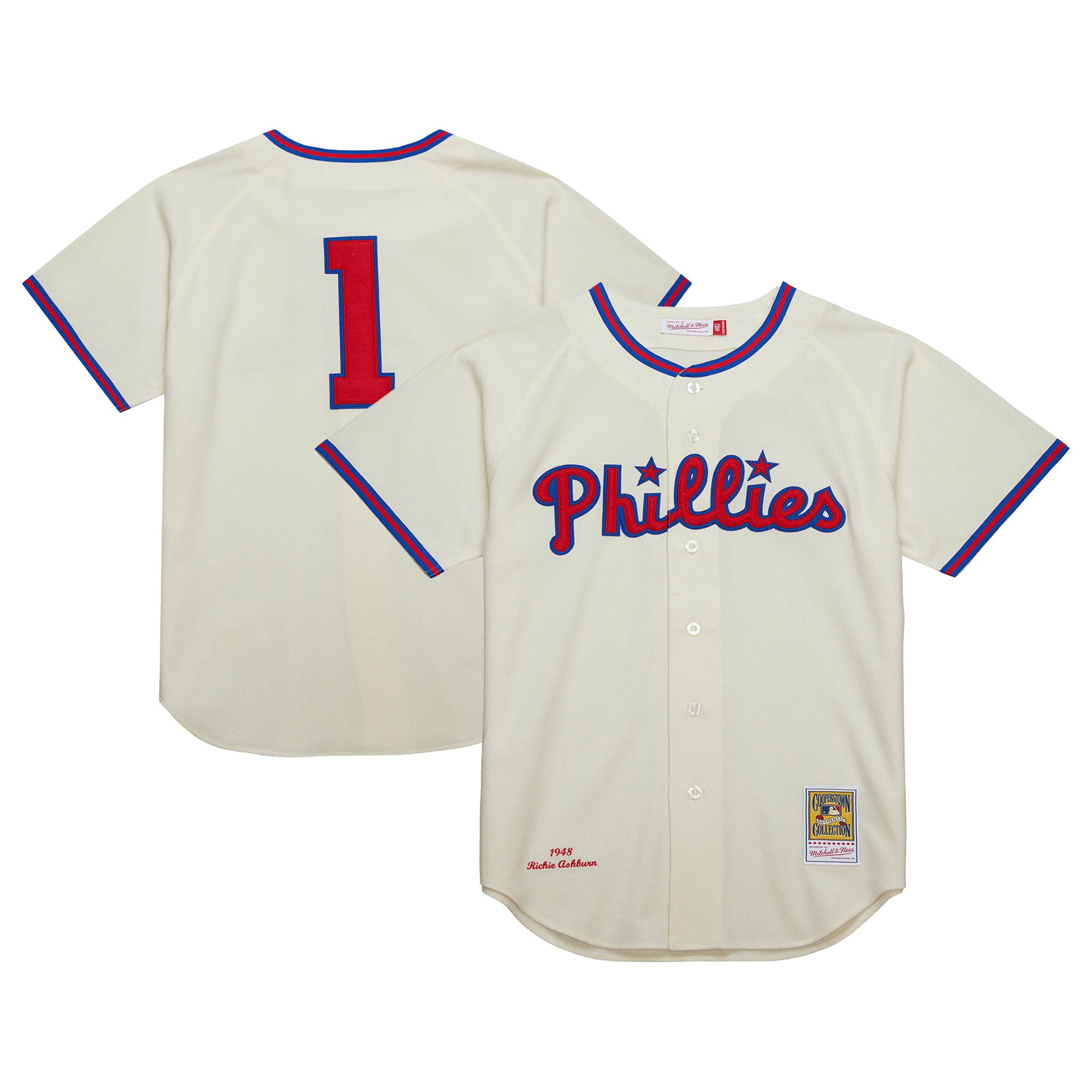 Philadelphia Phillies Richie Ashburn Mitchell Ness Cream Cooperstown Collection 1948 MLB Jersey Men's