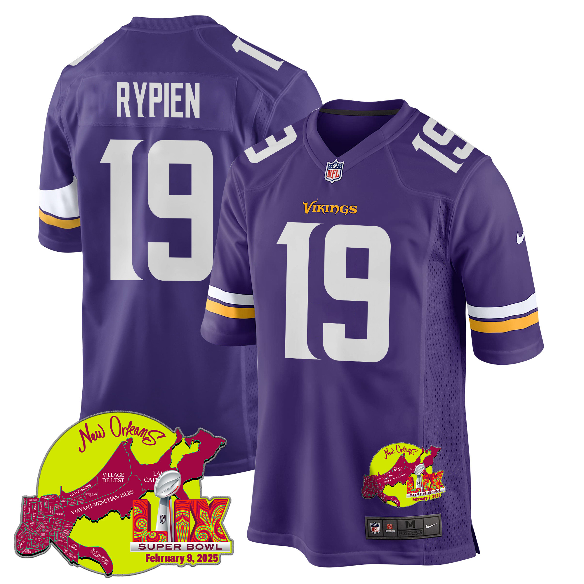 Brett Rypien 19 Minnesota Vikings Super Bowl LIX New Orleans Patch Game Purple NFL Jersey Men's