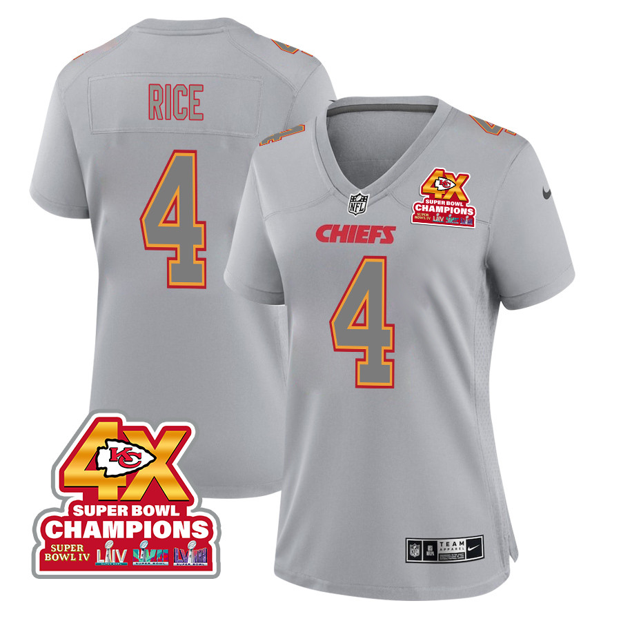 Rashee Rice 4 Kansas City Chiefs Super Bowl LVIII Champions 4X Atmosphere Fashion Game Gray NFL Jersey Women's