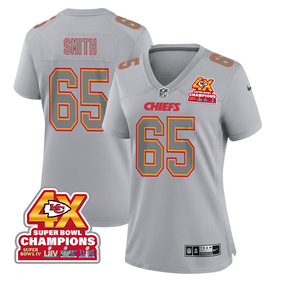 Trey Smith 65 Kansas City Chiefs Super Bowl LVIII Champions 4X Atmosphere Fashion Game Gray NFL Jersey Women's