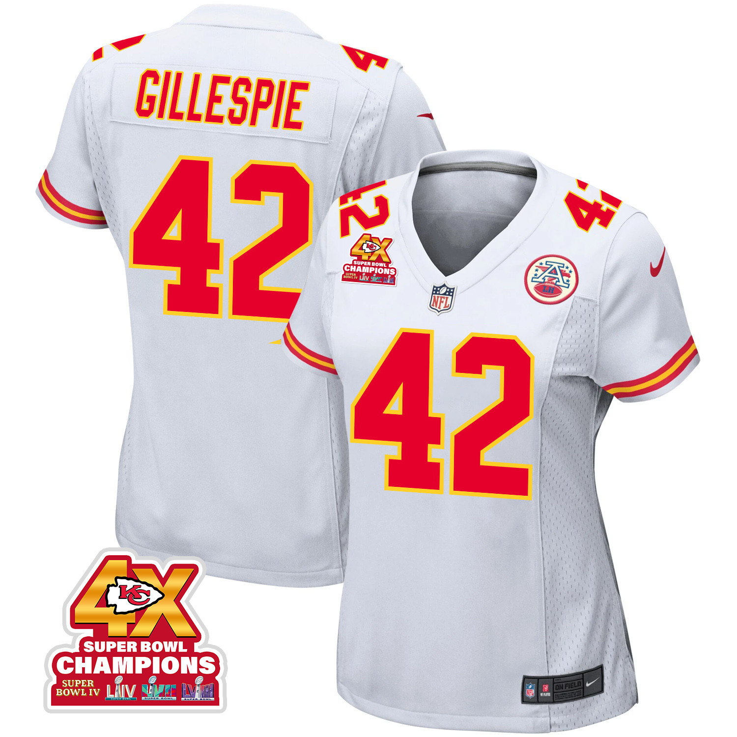 Tyree Gillespie 42 Kansas City Chiefs Super Bowl LVIII Champions 4X Game White NFL Jersey Women's