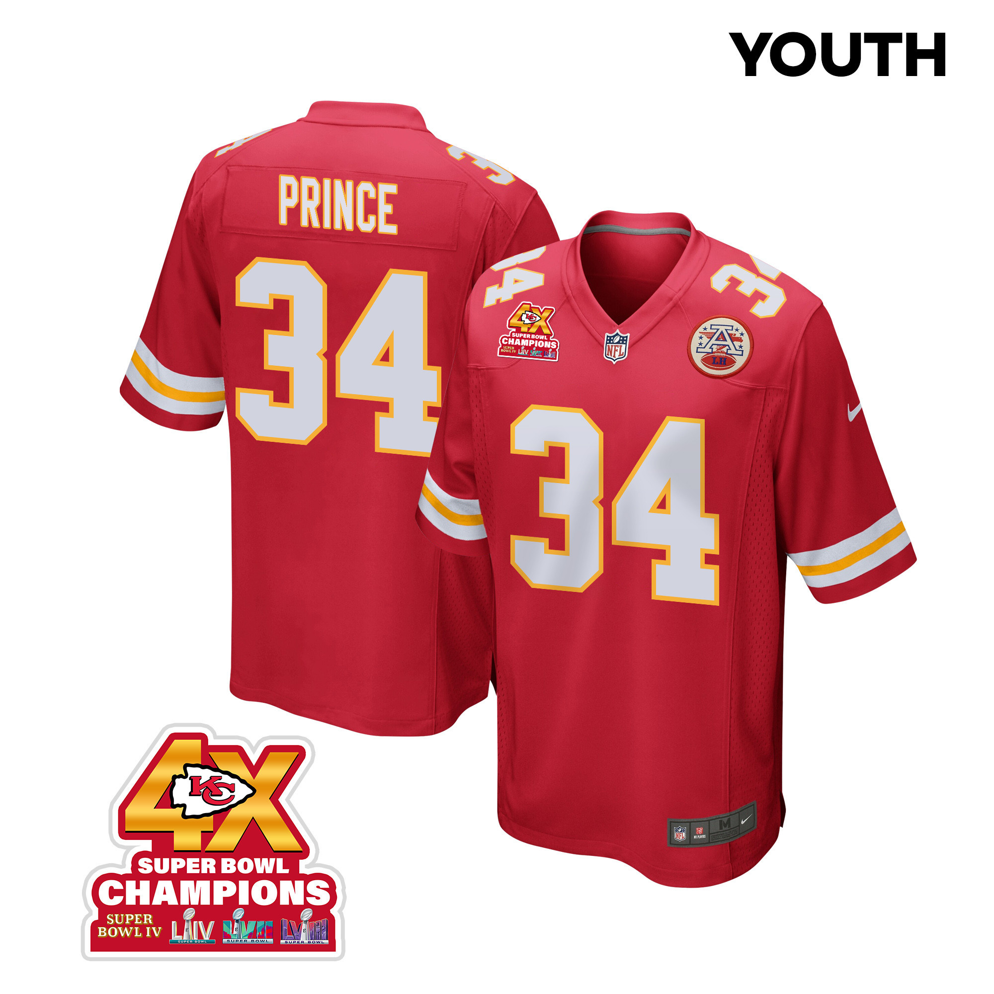 Deneric Prince 34 Kansas City Chiefs Super Bowl LVIII Champions 4X Game Red NFL Jersey Youth