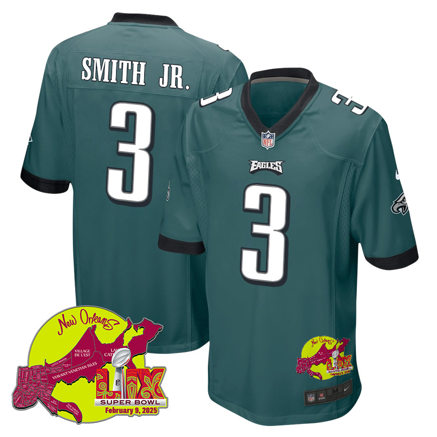 Nolan Smith Jr. 3 Philadelphia Eagles Super Bowl LIX New Orleans Patch Game Midnight Green NFL Jersey Men's