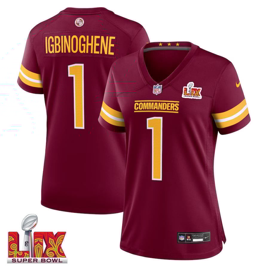 Noah Igbinoghene #1 Washington Commanders Super Bowl LIX Burgundy NFL Jersey Women's