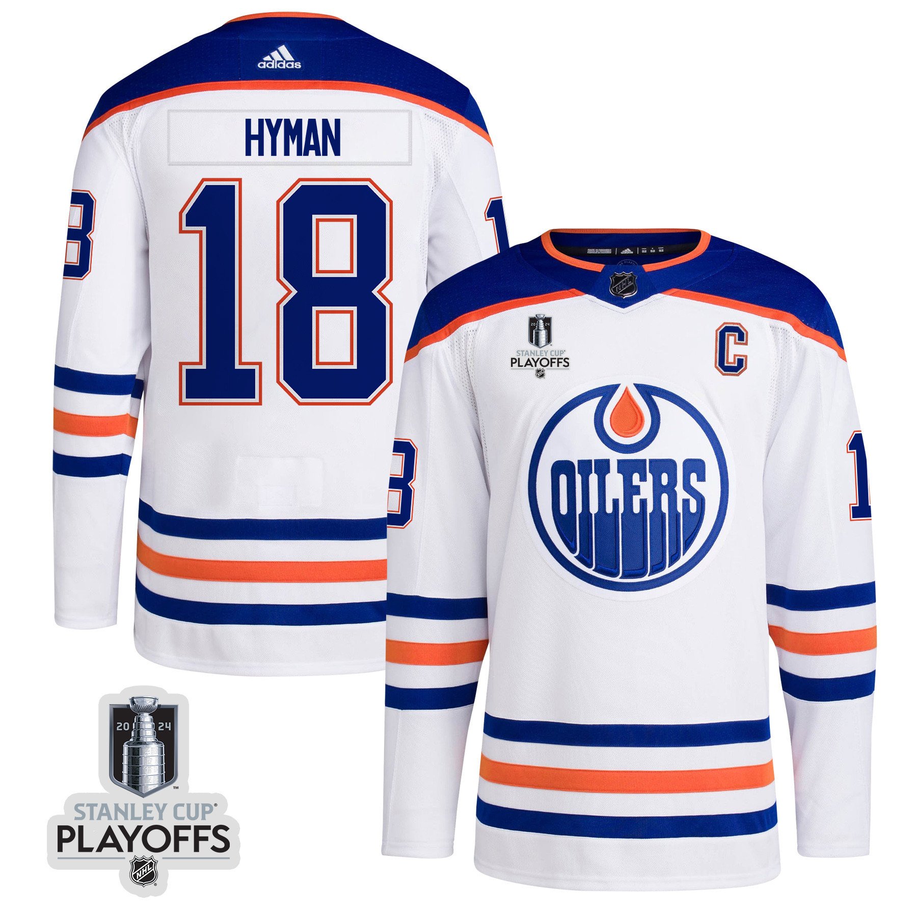Zach Hyman 18 Edmonton Oilers 2024 Playoffs Patch Away White NHL Jersey Men's