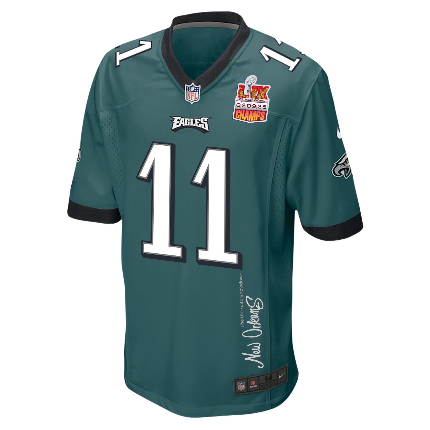 A.J. Brown 11 Philadelphia Eagles Super Bowl LIX Champions Patch New Orleans The Ultimate Showdown' EMBROIDERED Game Midnight Green NFL Jersey Men's