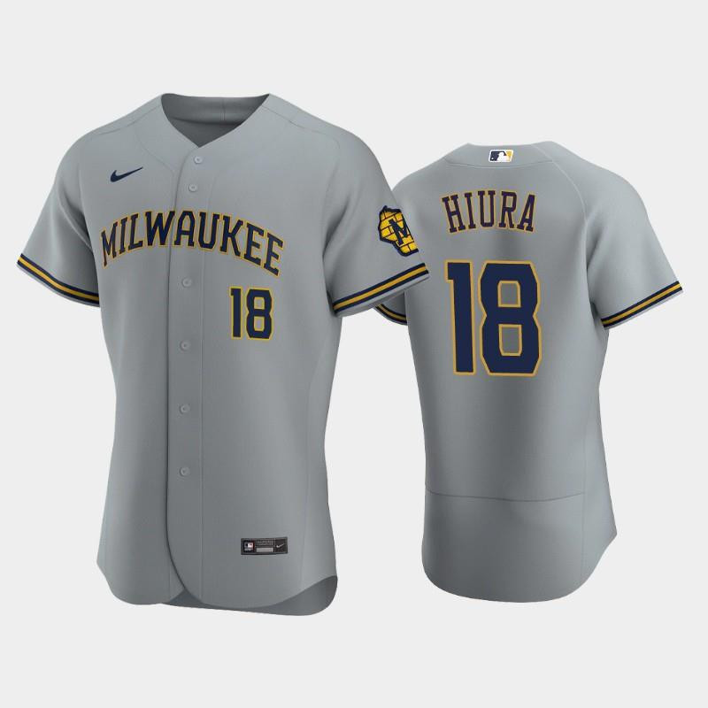 Milwaukee Brewers 18 Keston Hiura Road Team Gray MLB Jersey Men's
