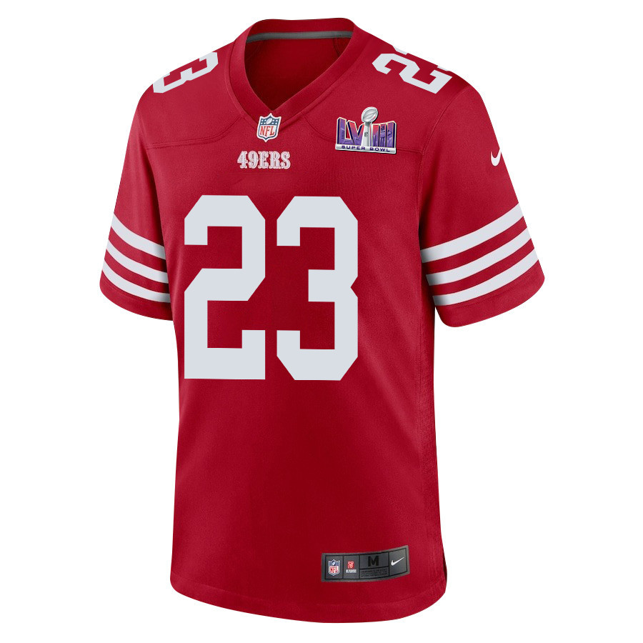 Christian McCaffrey 23 San Francisco 49ers Super Bowl LVIII Patch Game Scarlet NFL Jersey Men's