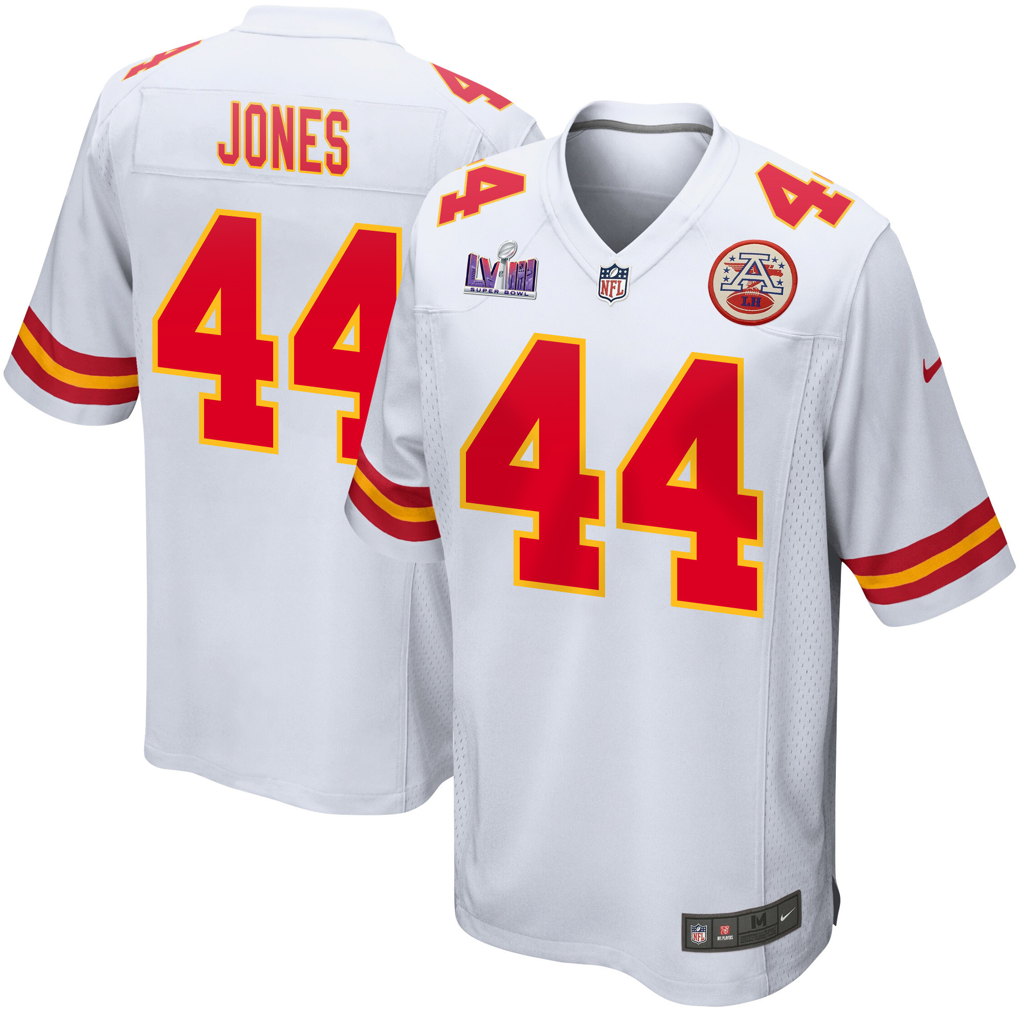 Cam Jones 44 Kansas City Chiefs Super Bowl LVIII Patch Game White NFL Jersey Men's
