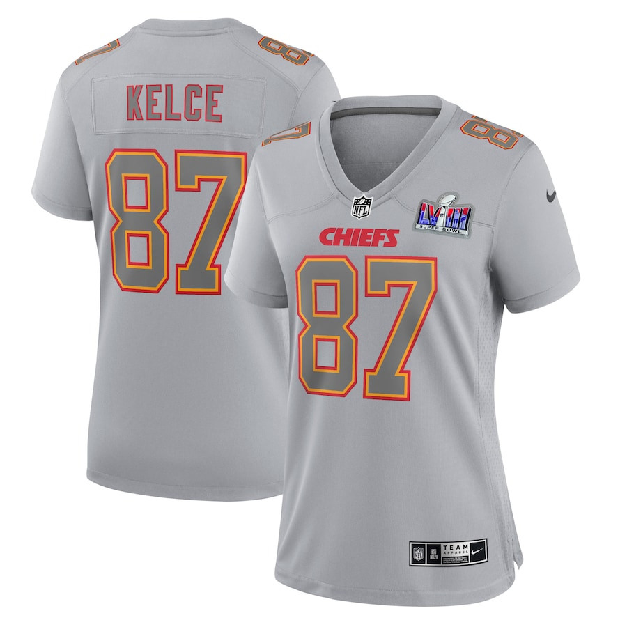 Travis Kelce 87 Kansas City Chiefs Super Bowl LVIII Atmosphere Fashion Game Gray NFL Jersey Women's