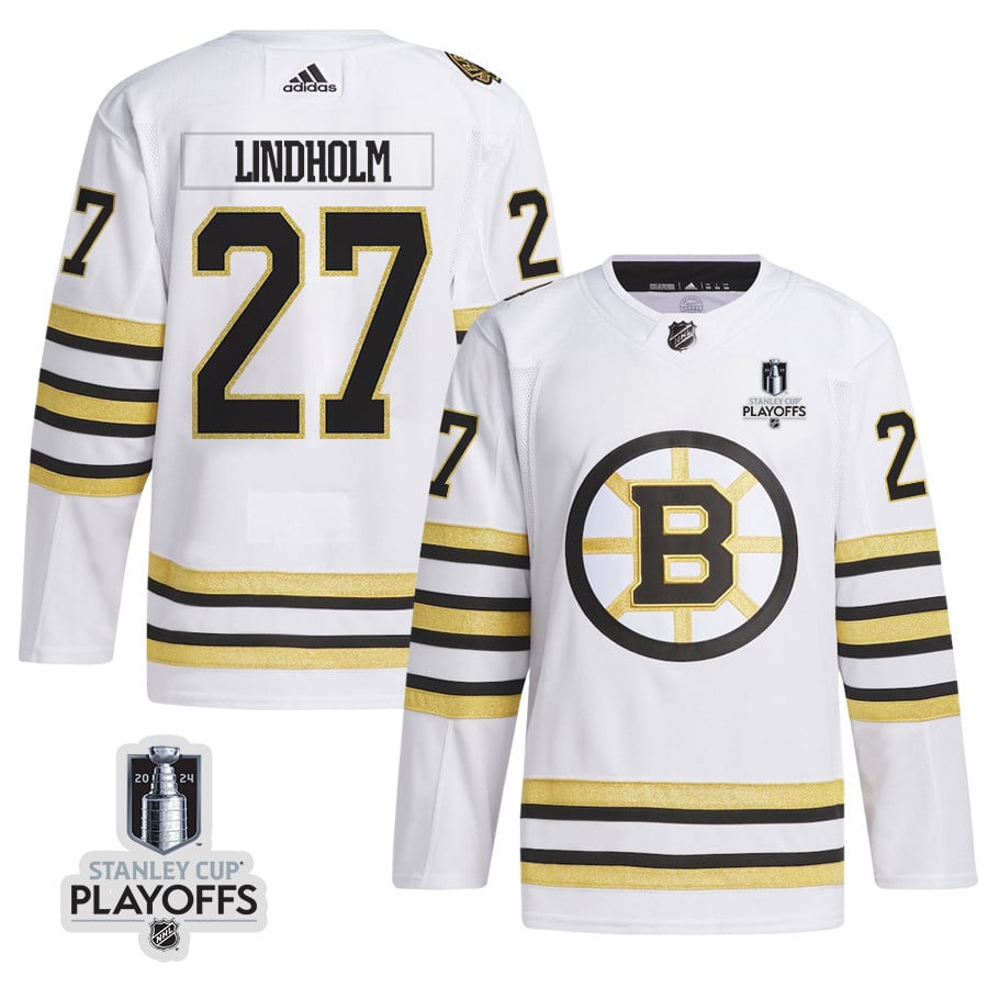 Hampus Lindholm 27 Boston Bruins 2024 Playoffs Patch Away White NHL Jersey Men's