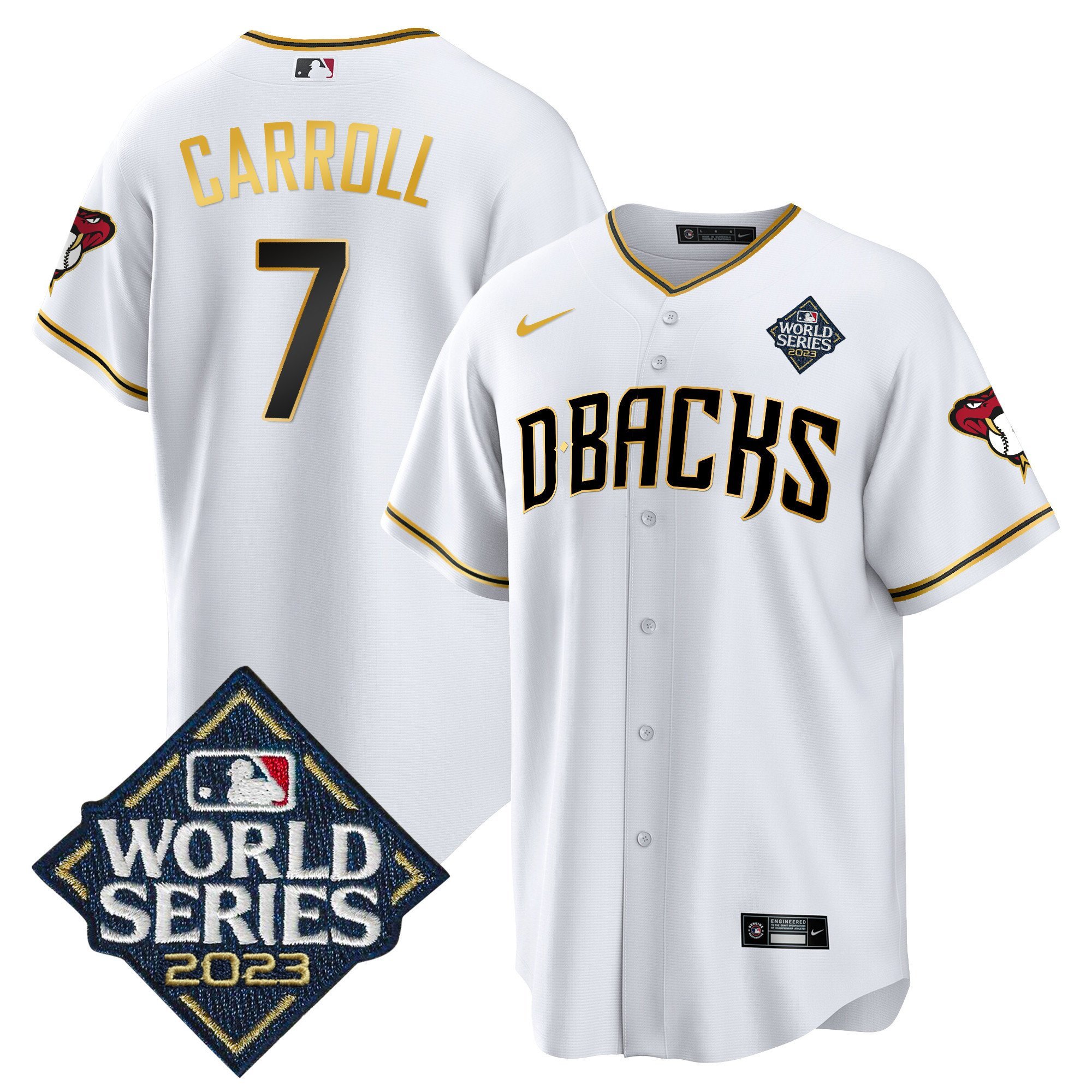 Corbin Carroll 7 Arizona Diamondbacks 2023 World Series White Gold MLB Jersey Men's