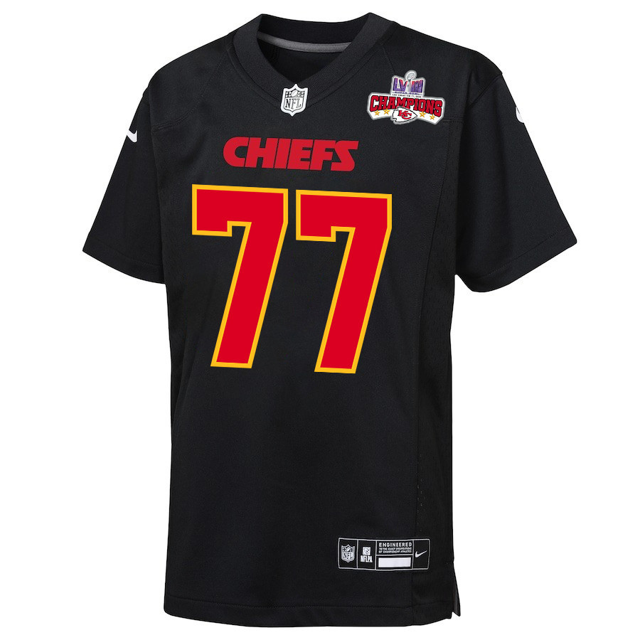 Lucas Niang 77 Kansas City Chiefs Super Bowl LVIII Champions 4 Stars Patch Fashion Game Carbon Black NFL Jersey Youth