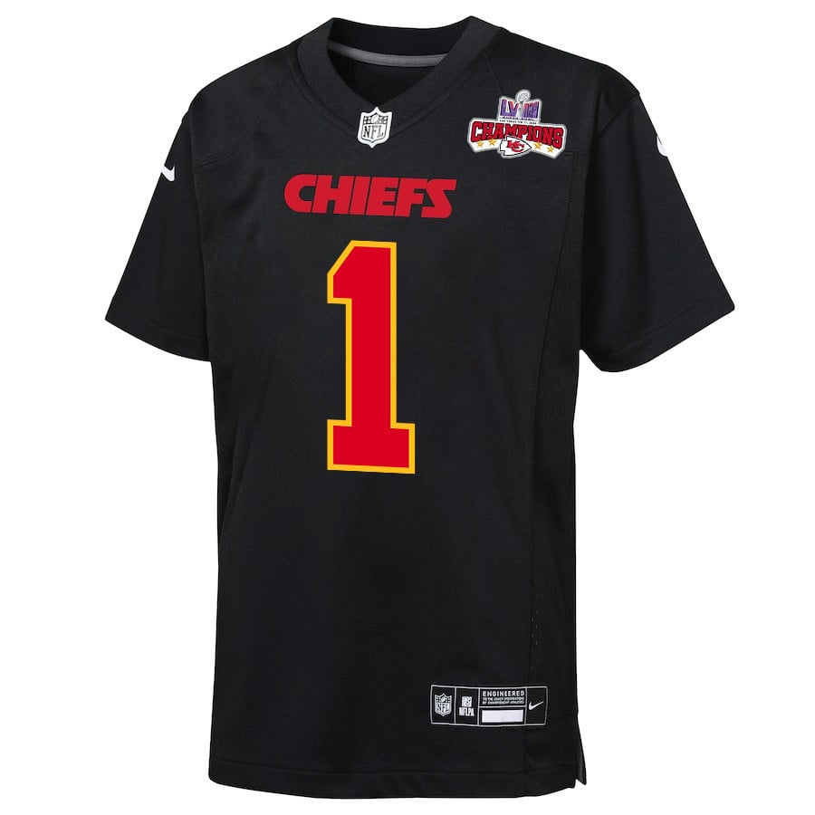 Jerick McKinnon 1 Kansas City Chiefs Super Bowl LVIII Champions 4 Stars Patch Fashion Game Carbon Black NFL Jersey Youth
