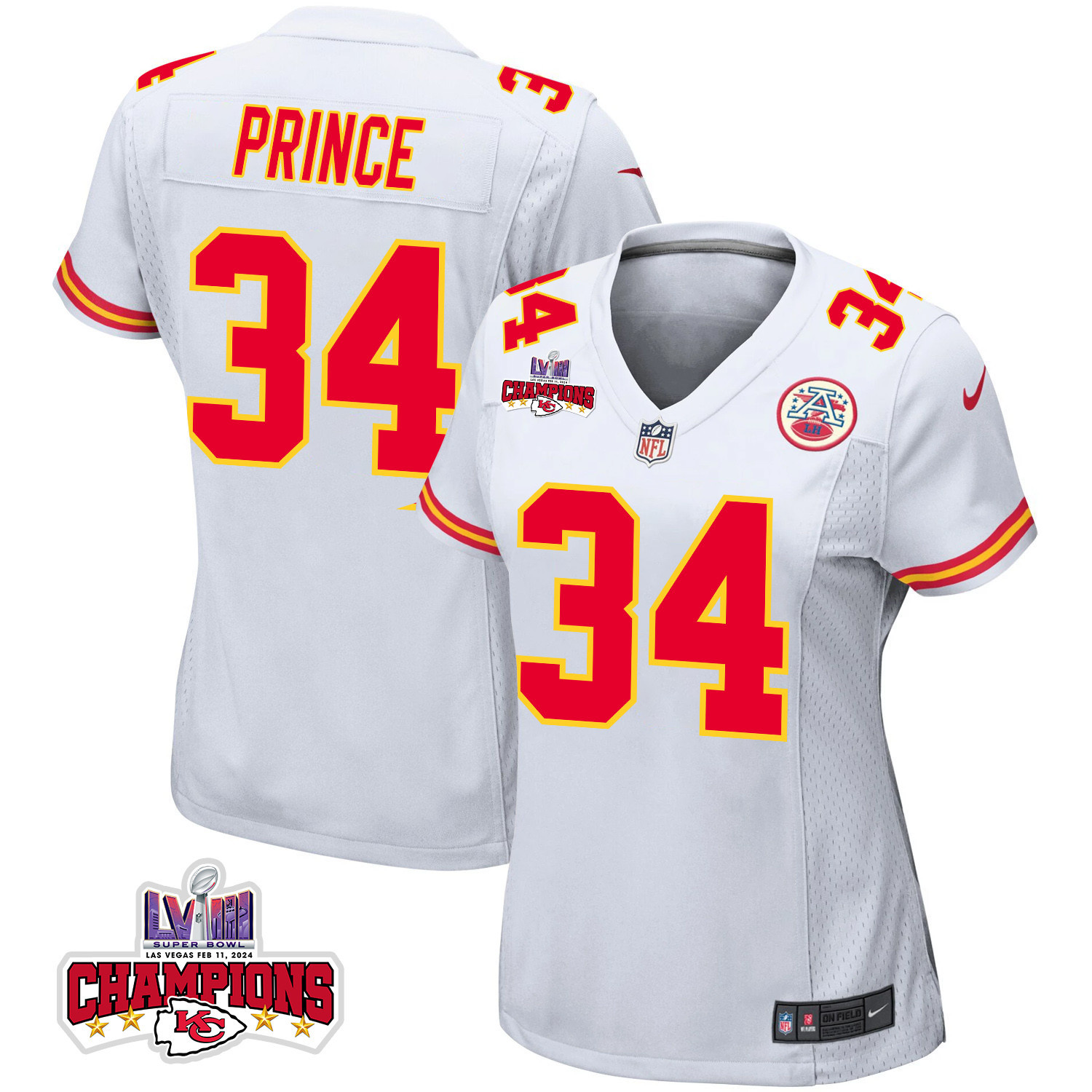 Deneric Prince 34 Kansas City Chiefs Super Bowl LVIII Champions 4 Stars Patch Game White NFL Jersey Women's