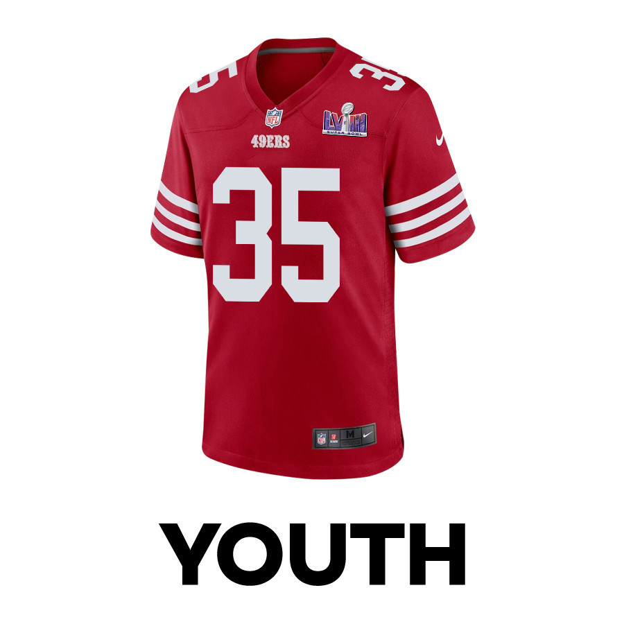Erik Harris 35 San Francisco 49ers Super Bowl LVIII Patch Game Scarlet NFL Jersey Youth