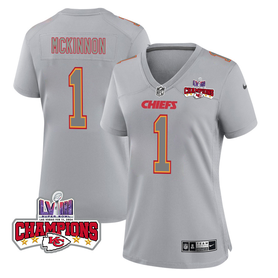 Jerick McKinnon 1 Kansas City Chiefs Super Bowl LVIII Champions 4 Stars Patch Atmosphere Fashion Game Gray NFL Jersey Women's