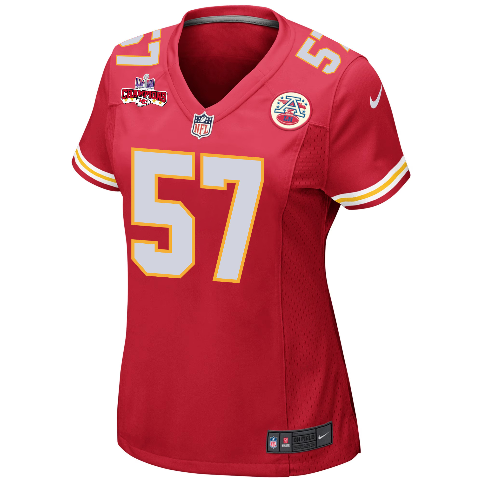 Truman Jones 57 Kansas City Chiefs Super Bowl LVIII Champions 4 Stars Patch Game Red NFL Jersey Women's