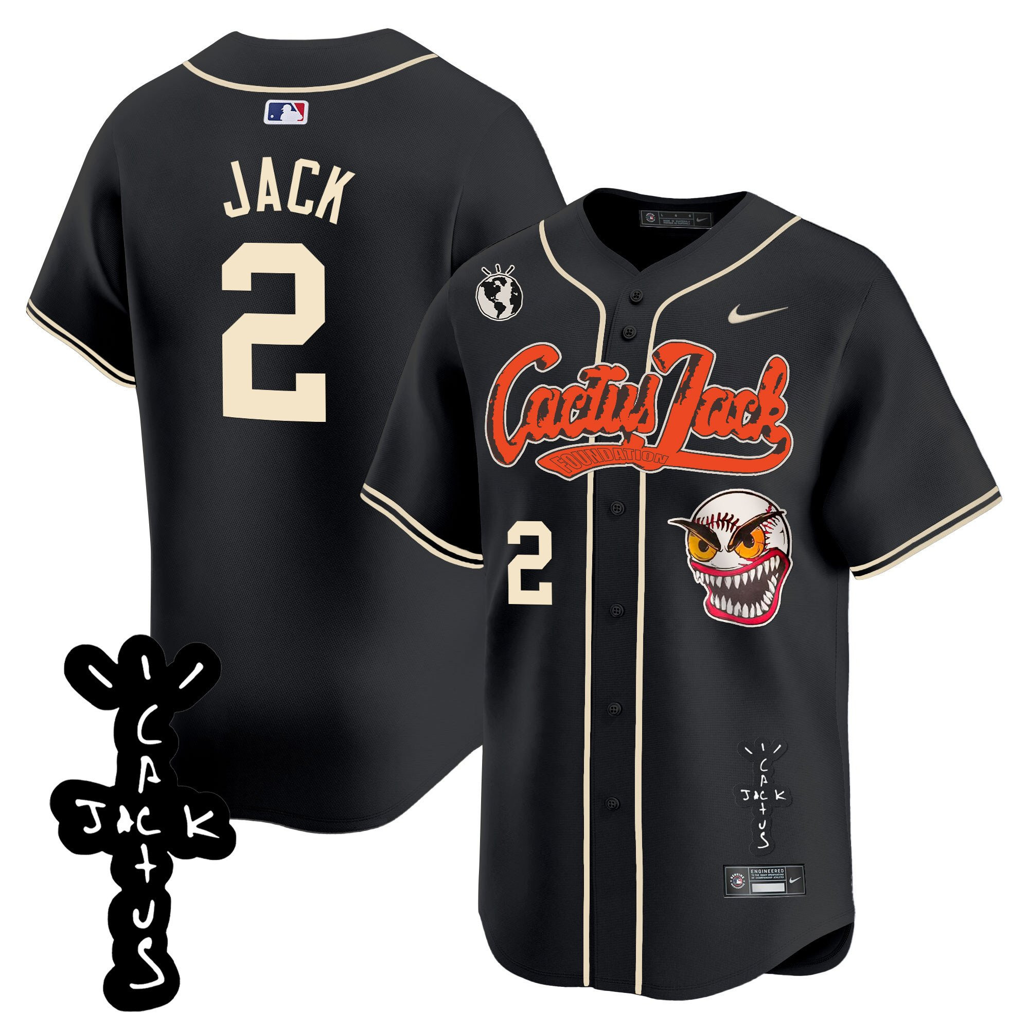 Jack 2 Houston Astros Cactus Jack Patch V2 Black MLB Jersey Men's