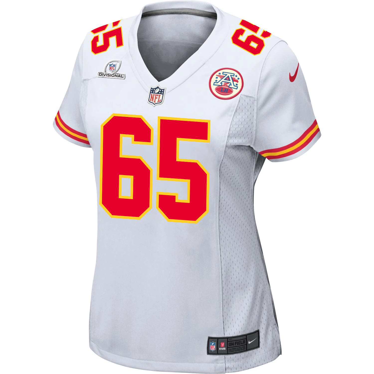 Trey Smith 65 Kansas City Chiefs Super Bowl LVIII Patch Game White NFL Jersey Women's