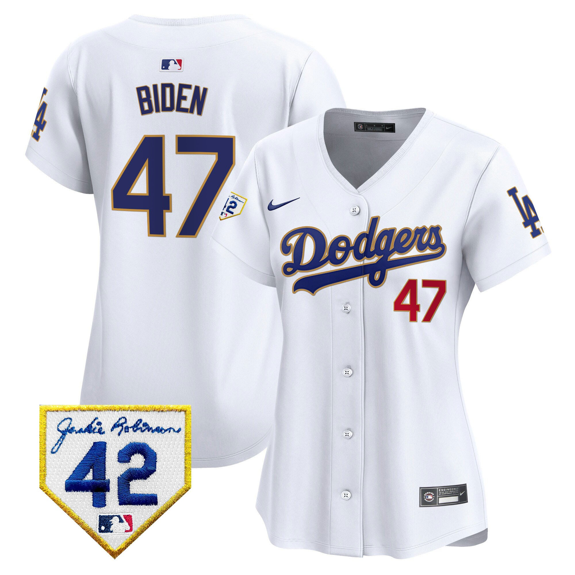 Joe Biden 47 Los Angeles Dodgers 2024 Jackie Robinson Patch White MLB Jersey Women's