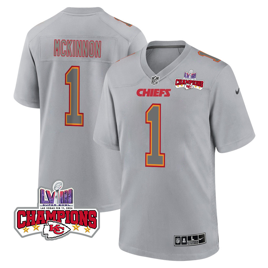 Jerick McKinnon 1 Kansas City Chiefs Super Bowl LVIII Champions 4 Stars Patch Atmosphere Fashion Game Gray NFL Jersey Men's