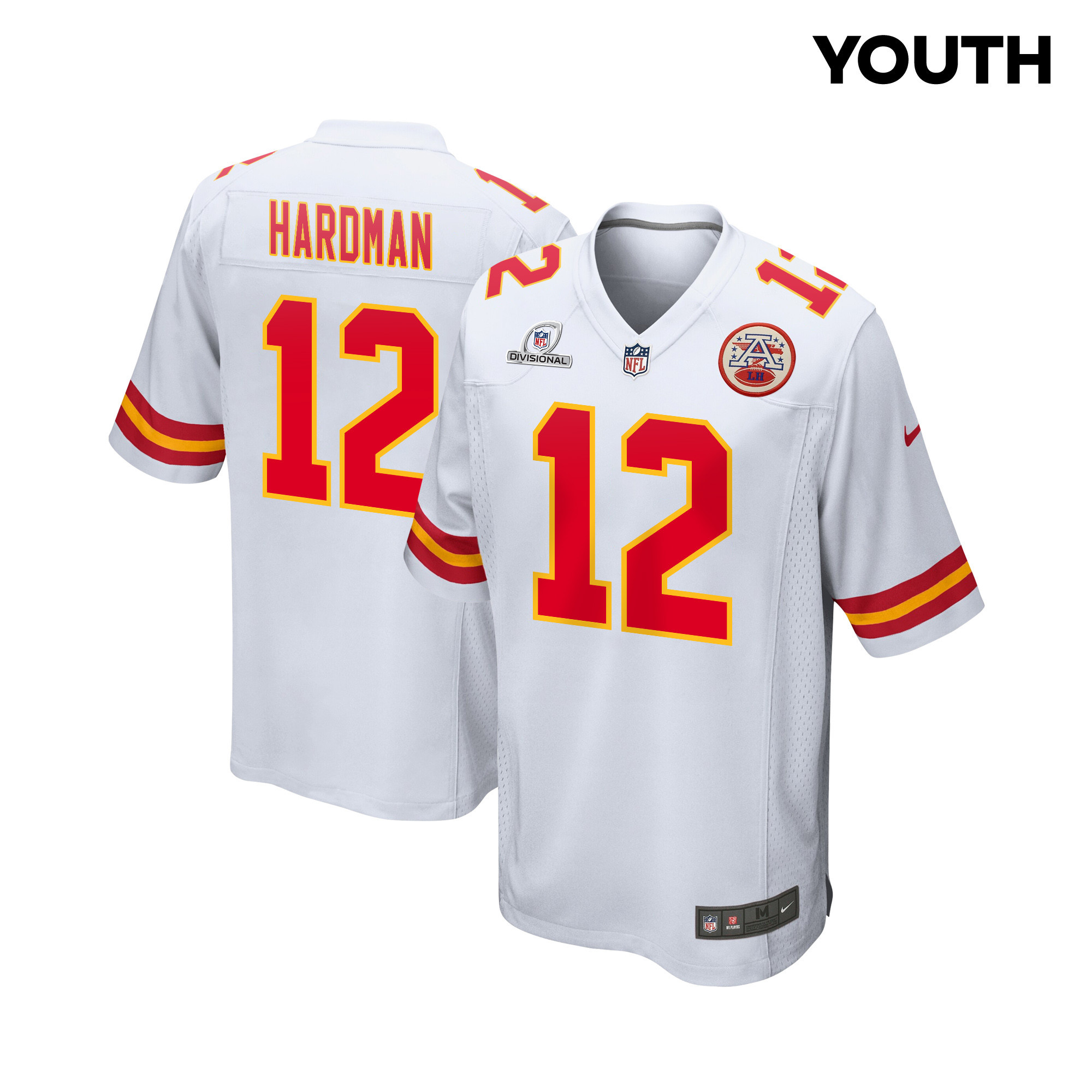 Mecole Hardman 12 Kansas City Chiefs Super Bowl LVIII Patch Game White NFL Jersey Youth