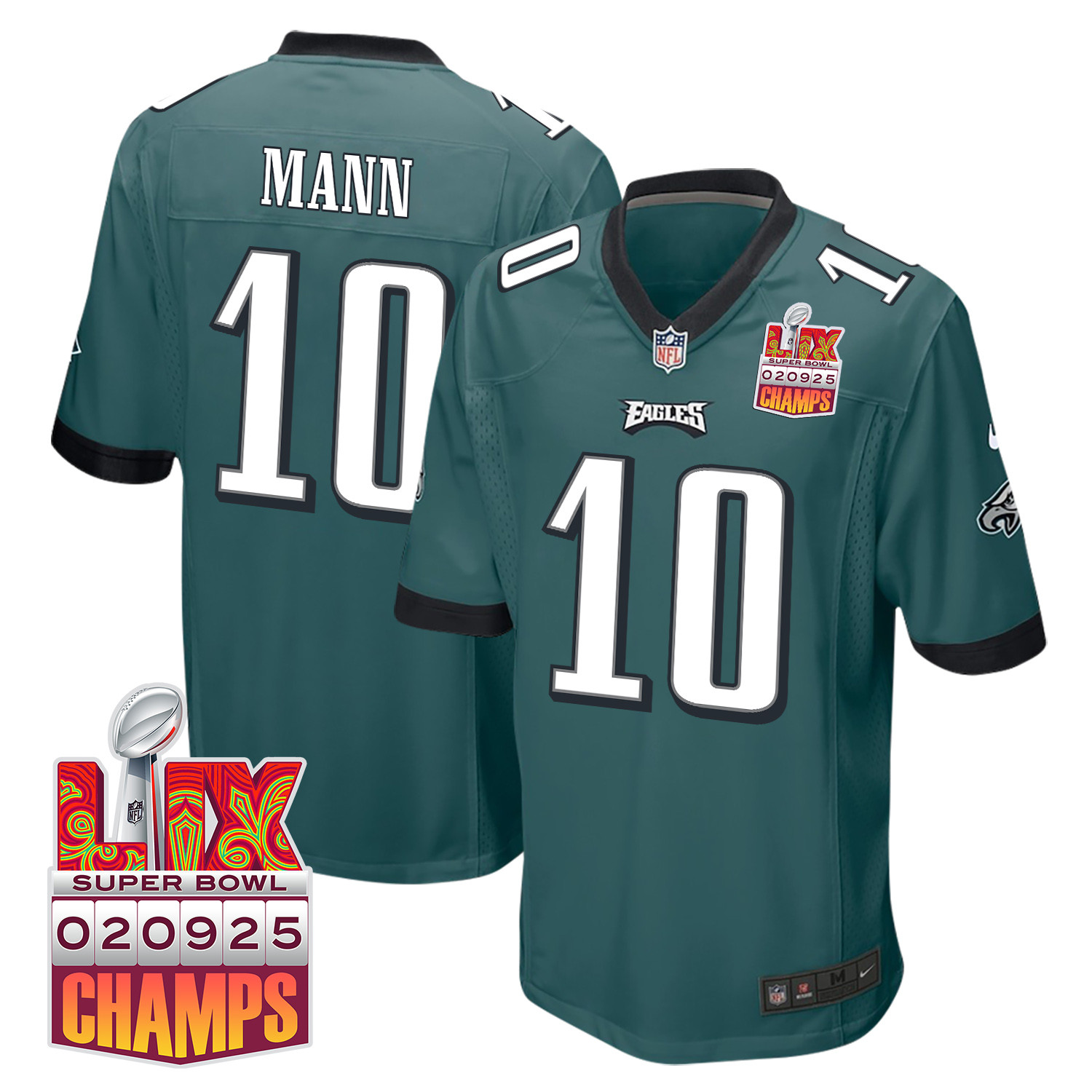 Braden Mann 10 Philadelphia Eagles Super Bowl LIX Champions Patch Game Midnight Green NFL Jersey Men's