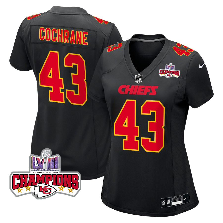 Jack Cochrane 43 Kansas City Chiefs Super Bowl LVIII Champions 4 Stars Patch Fashion Game Carbon Black NFL Jersey Women's