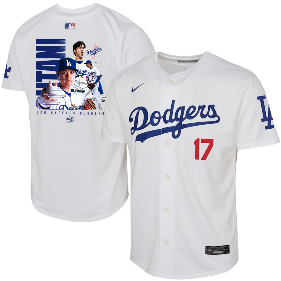 Shohei Ohtani 17 Los Angeles Dodgers Signed Name 2023 Home White MLB Jersey Youth