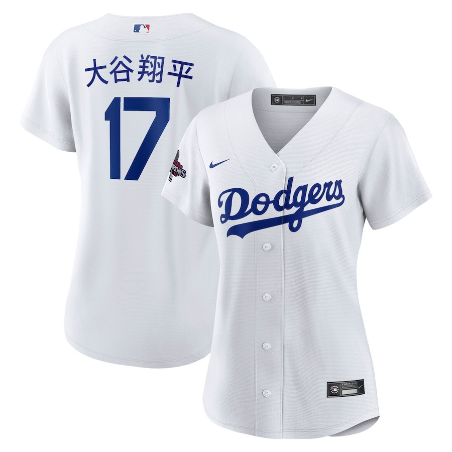 Shohei Ohtani 17 Los Angeles Dodgers 2024 World Series Champions Home Japanese Characters Player White MLB Jersey Women's