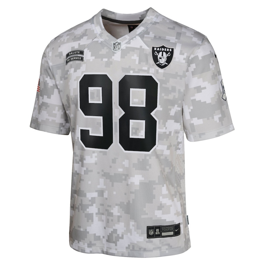 Maxx Crosby 98 Las Vegas Raiders 2024 Salute to Service Game Arctic Camo NFL Jersey Youth