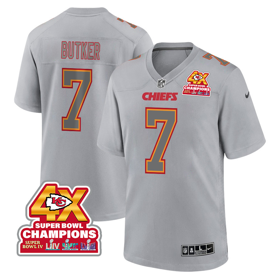 Harrison Butker 7 Kansas City Chiefs Super Bowl LVIII Champions 4X Atmosphere Fashion Game Gray NFL Jersey Men's