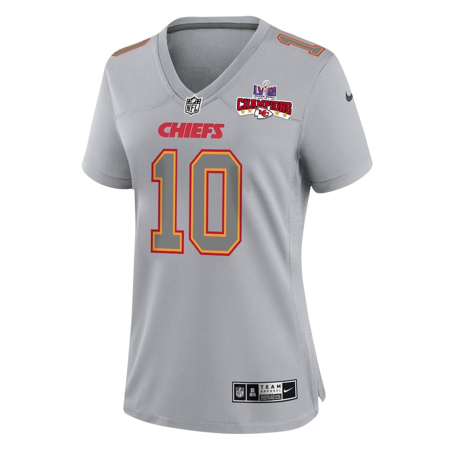 Isiah Pacheco 10 Kansas City Chiefs Super Bowl LVIII Champions 4 Stars Patch Atmosphere Fashion Game Gray NFL Jersey Women's