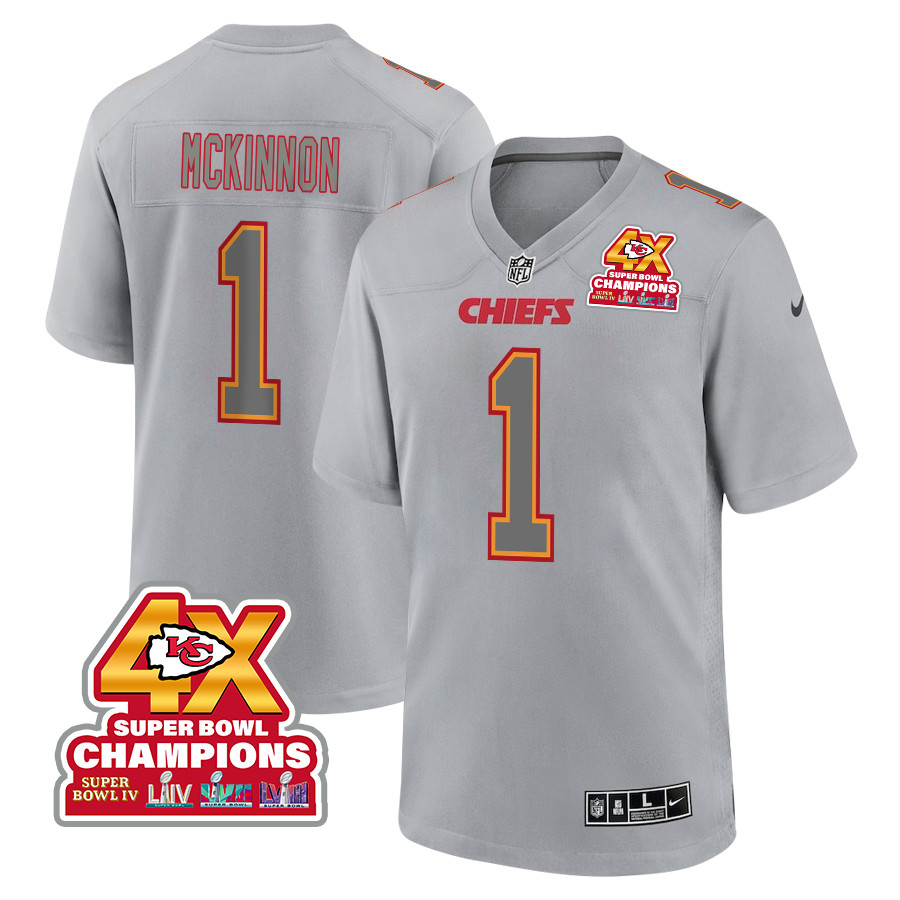 Jerick McKinnon 1 Kansas City Chiefs Super Bowl LVIII Champions 4X Atmosphere Fashion Game Gray NFL Jersey Men's