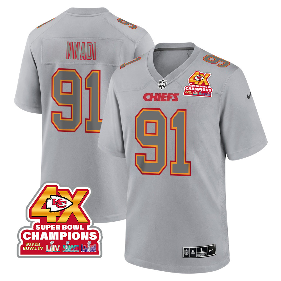 Derrick Nnadi 91 Kansas City Chiefs Super Bowl LVIII Champions 4X Atmosphere Fashion Game Gray NFL Jersey Men's