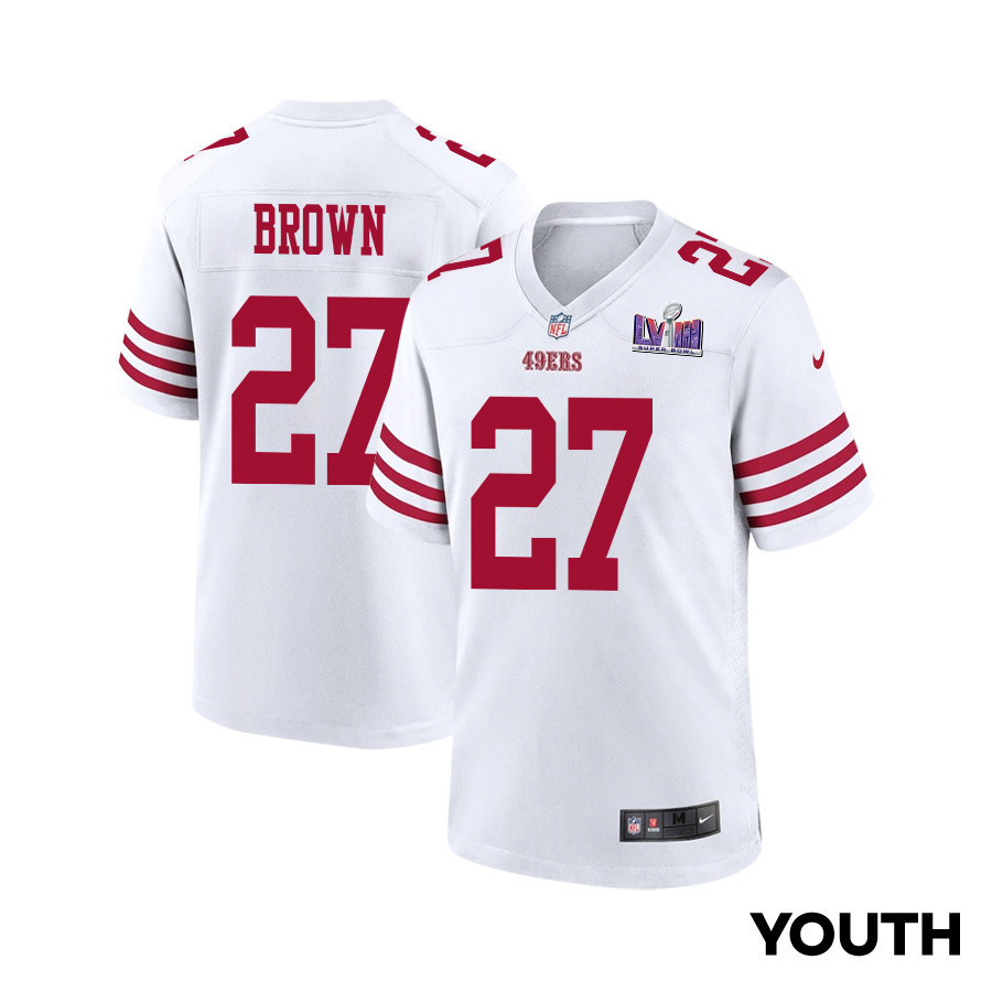 Ji'Ayir Brown 27 San Francisco 49ers Super Bowl LVIII Patch Game White NFL Jersey Youth
