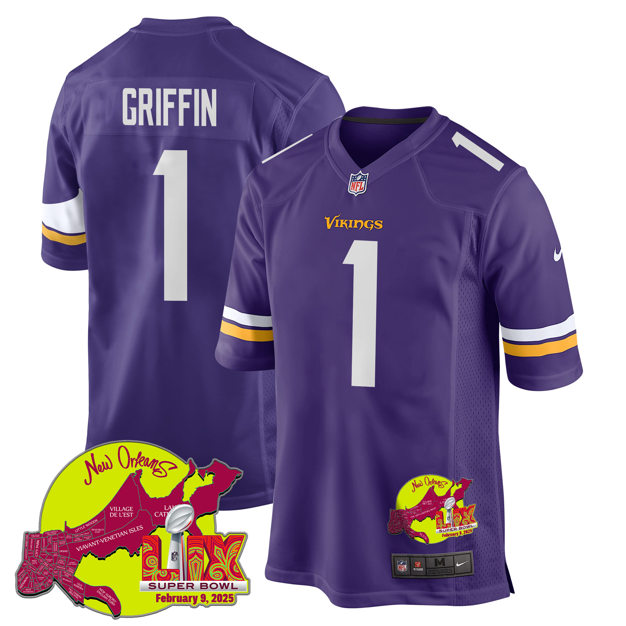 Shaq Griffin 1 Minnesota Vikings Super Bowl LIX New Orleans Patch Game Purple NFL Jersey Men's
