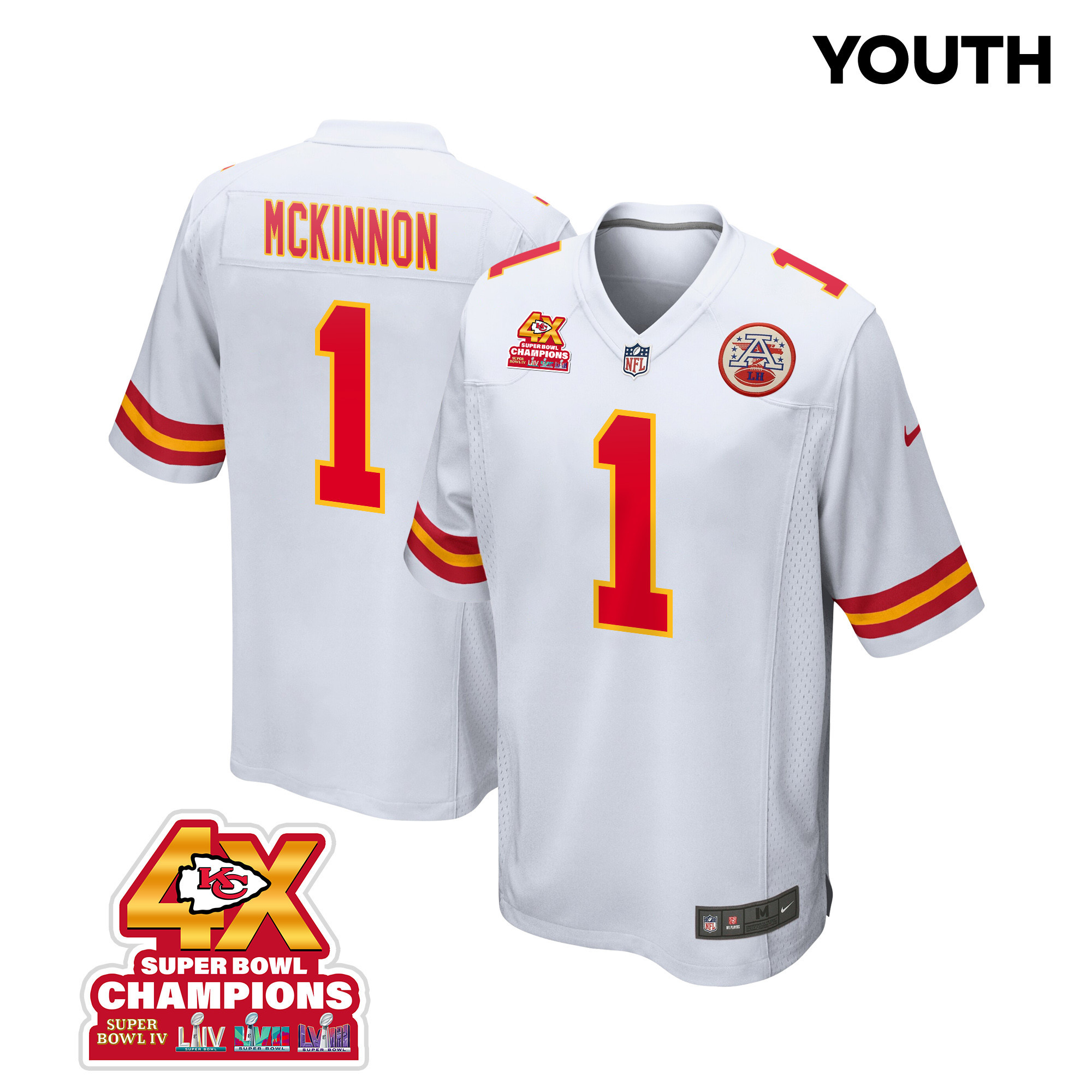 Jerick McKinnon 1 Kansas City Chiefs Super Bowl LVIII Champions 4X Game White NFL Jersey Youth