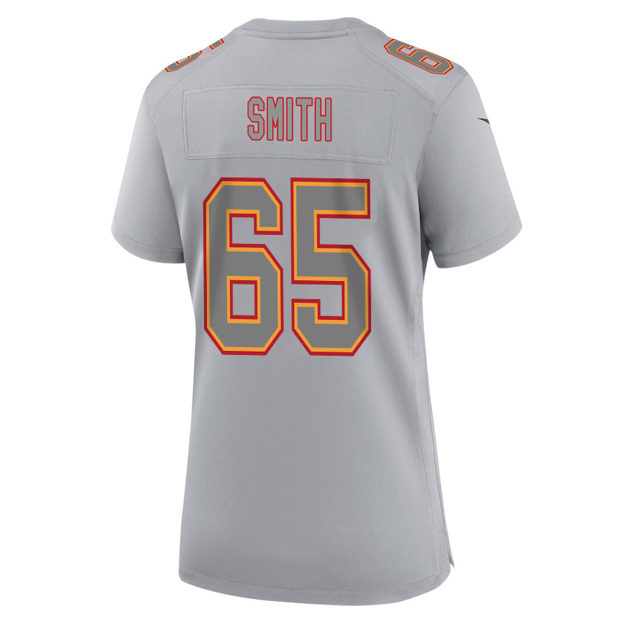 Trey Smith 65 Kansas City Chiefs Super Bowl LVIII Champions 4 Stars Patch Atmosphere Fashion Game Gray NFL Jersey Women's