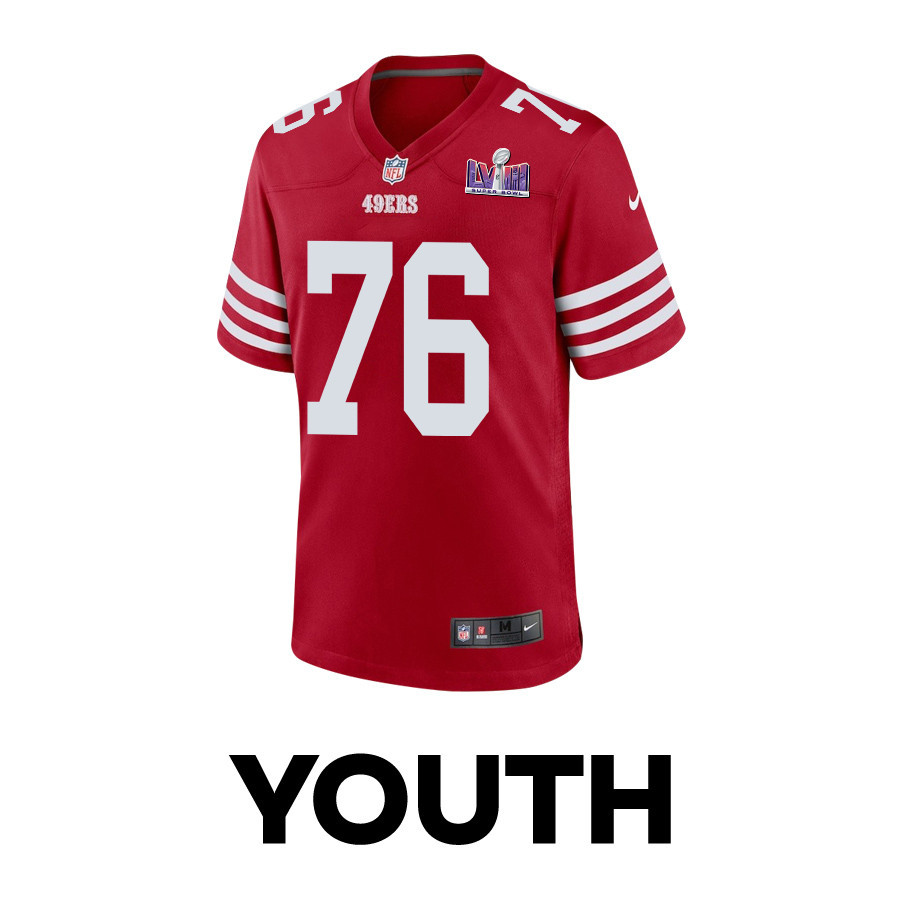Jaylon Moore 76 San Francisco 49ers Super Bowl LVIII Patch Game Scarlet NFL Jersey Youth