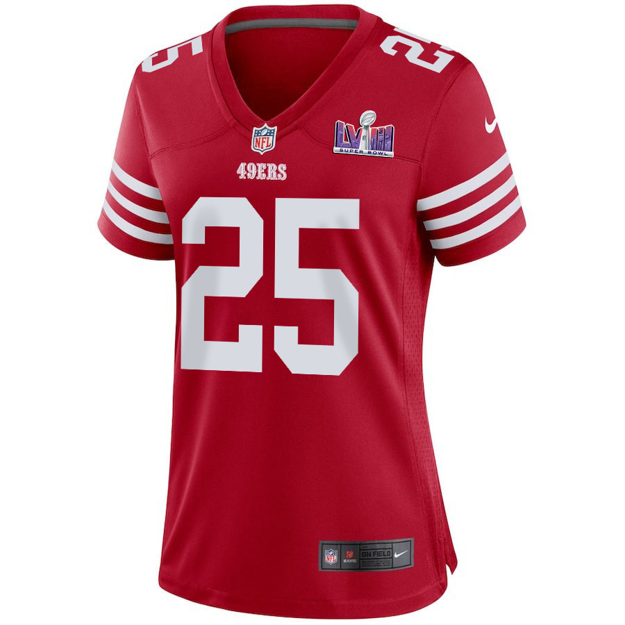Elijah Mitchell 25 San Francisco 49ers Super Bowl LVIII Patch Game Scarlet NFL Jersey Women's