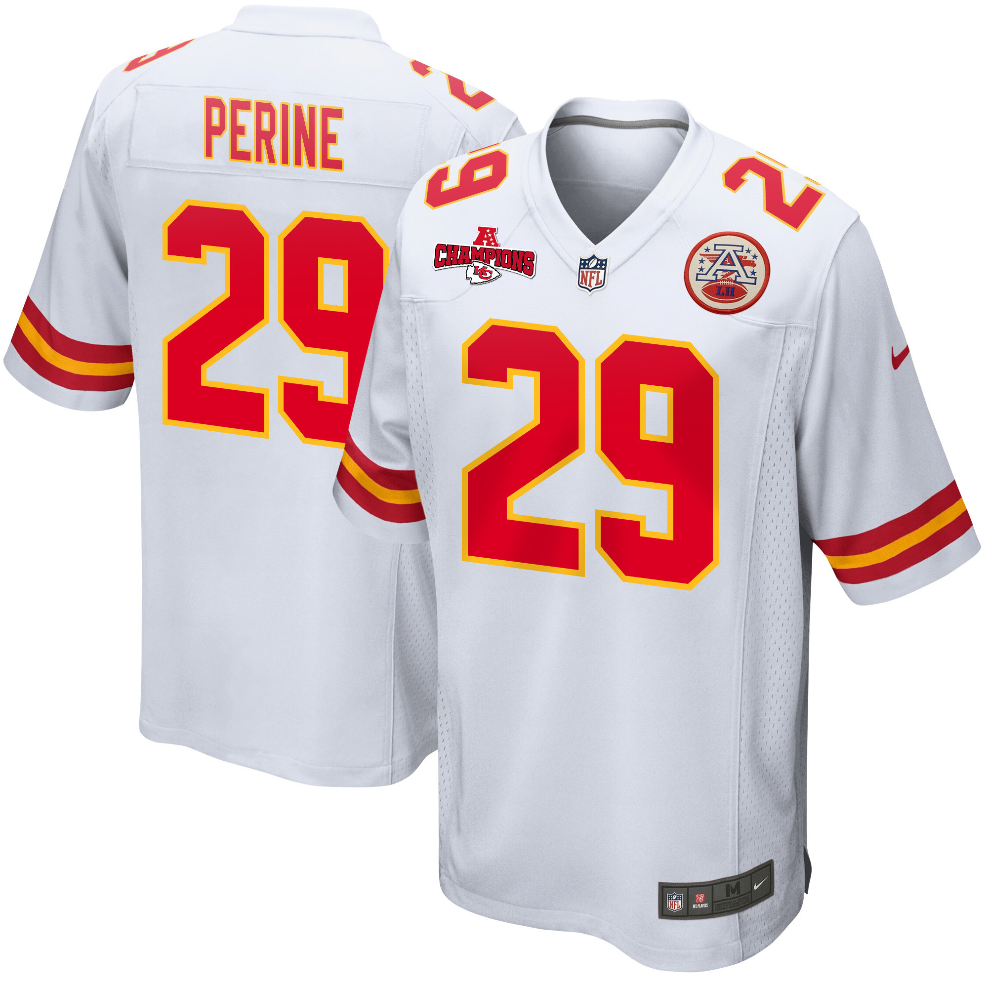 La'Mical Perine 29 Kansas City Chiefs AFC Champions Patch Game White NFL Jersey Men's