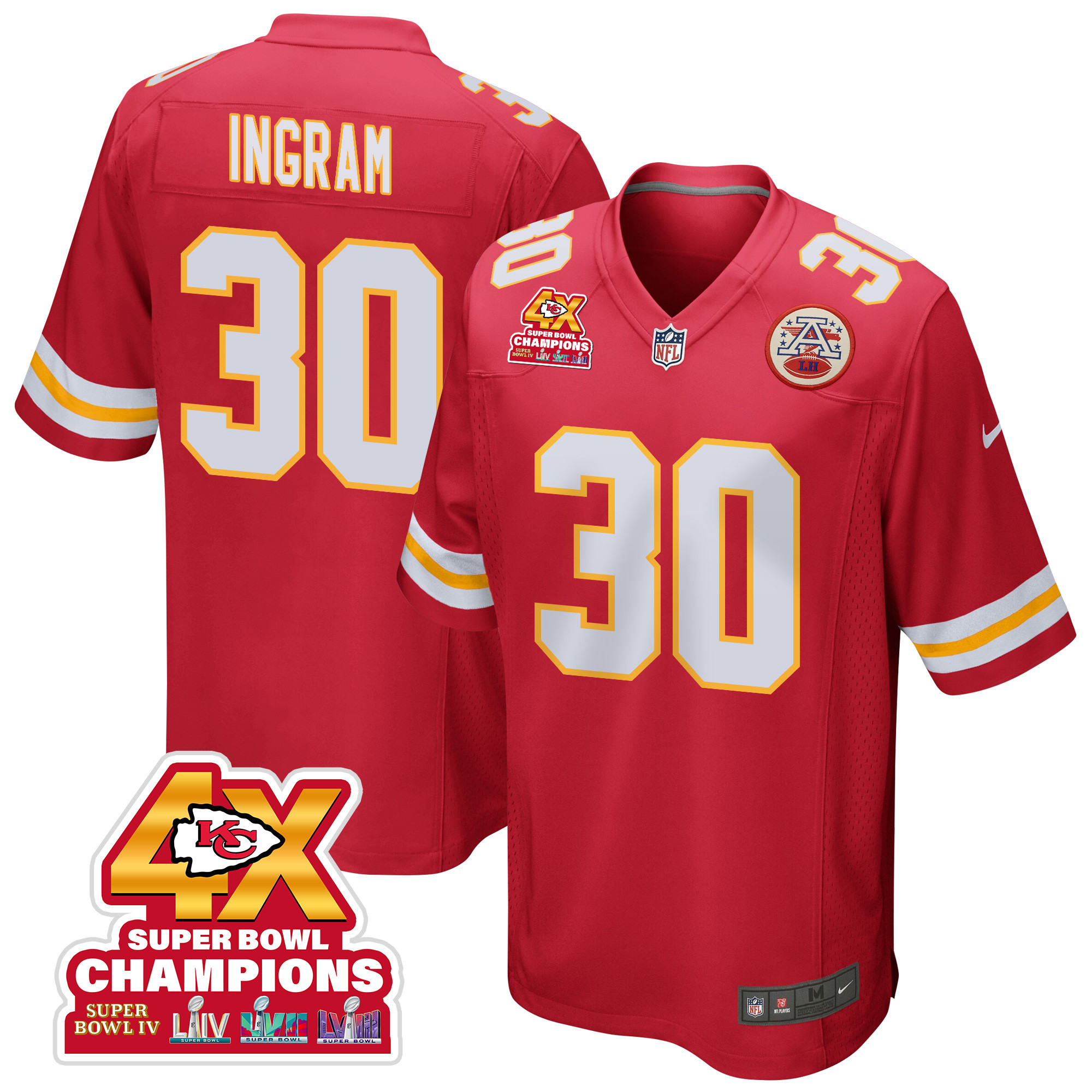 Keaontay Ingram 30 Kansas City Chiefs Super Bowl LVIII Champions 4X Game Red NFL Jersey Men's