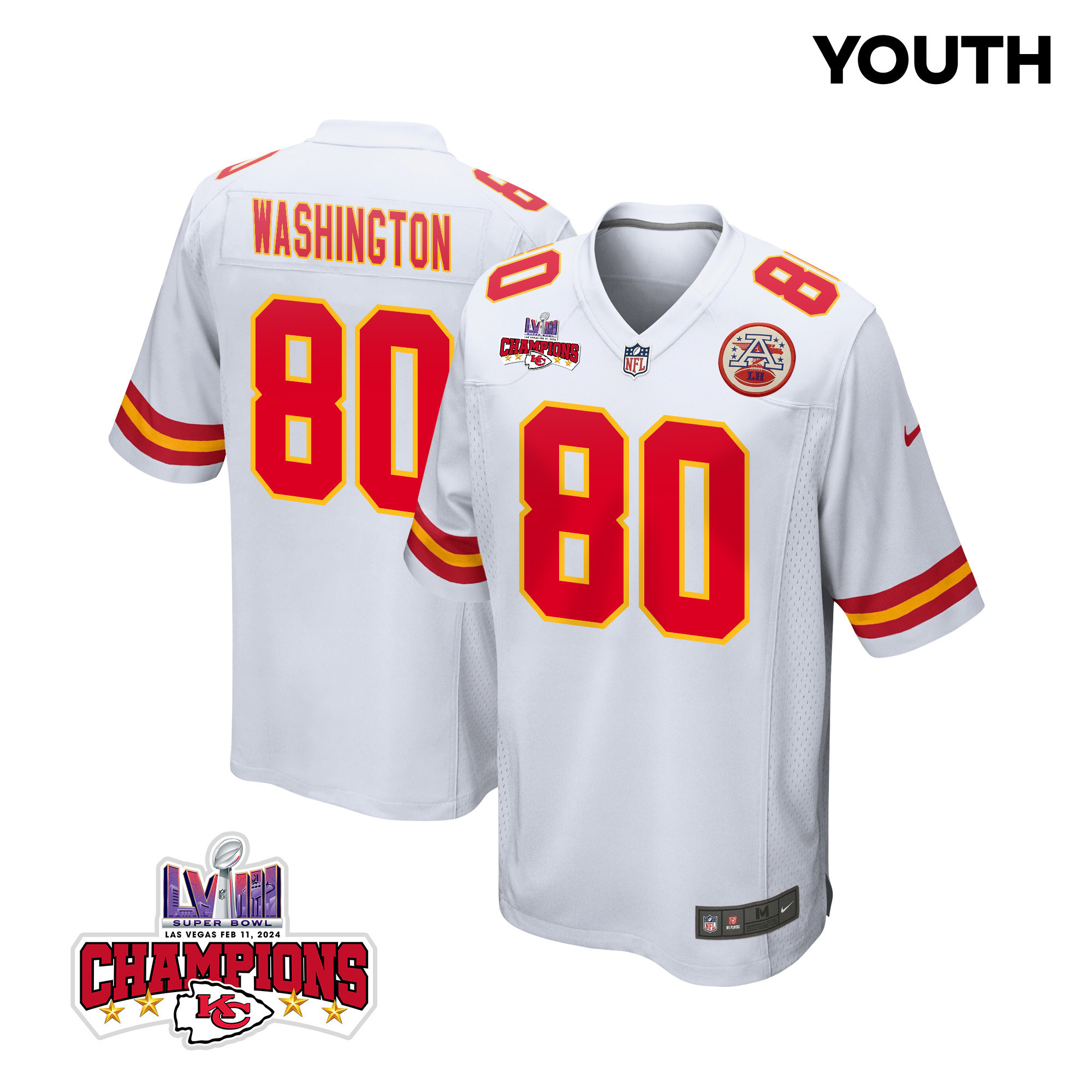 Montrell Washington 80 Kansas City Chiefs Super Bowl LVIII Champions 4 Stars Patch Game White NFL Jersey Youth