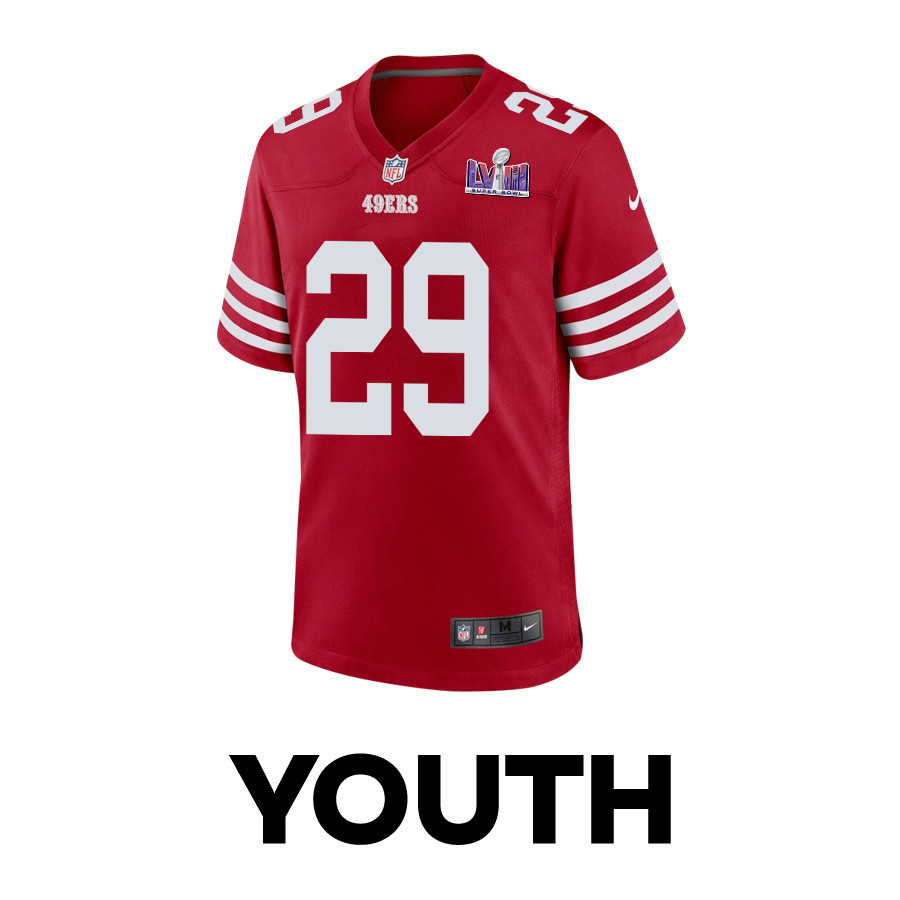Talanoa Hufanga 29 San Francisco 49ers Super Bowl LVIII Patch Game Scarlet NFL Jersey Youth