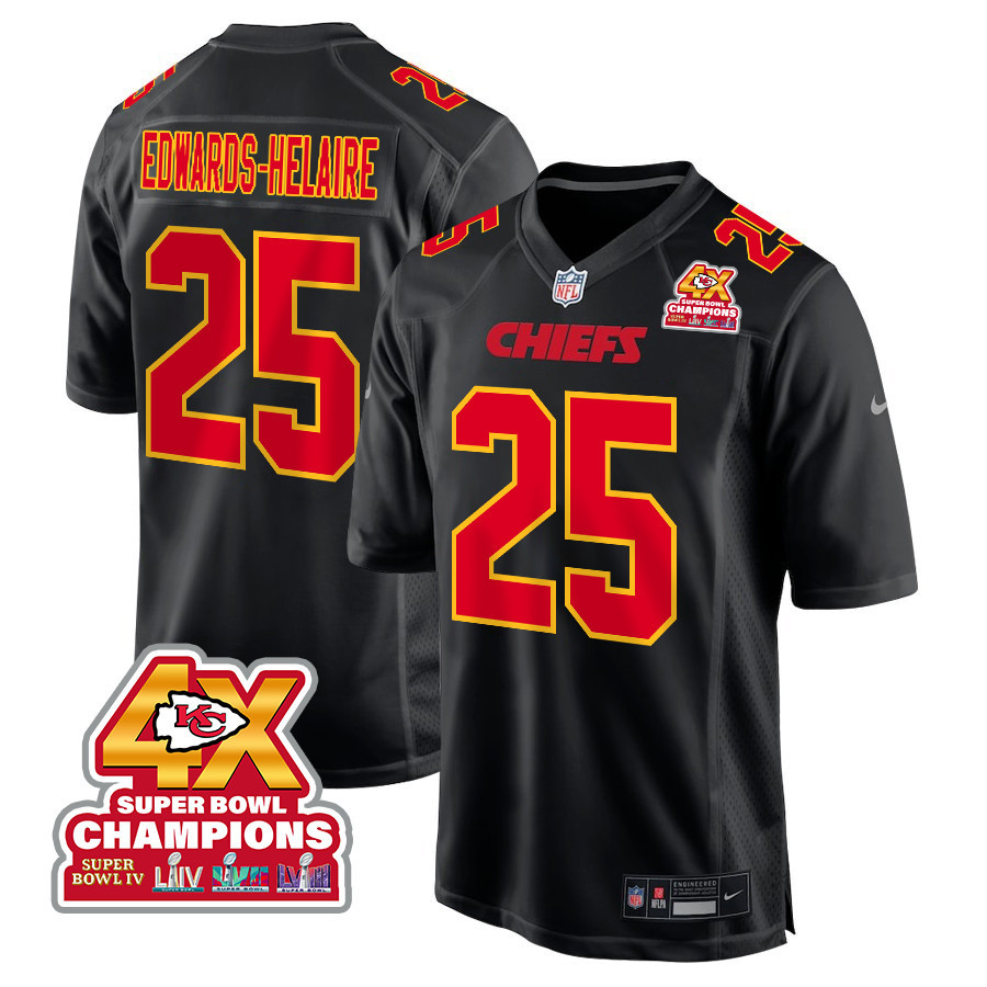 Clyde Edwards-Helaire 25 Kansas City Chiefs Super Bowl LVIII Champions 4X Fashion Game Carbon Black NFL Jersey Men's